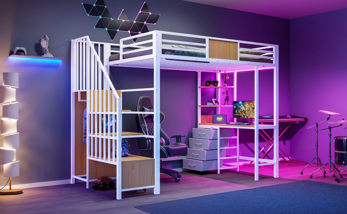 HAUSS SPOLE Hoogslaper 90x200 cm - Met Bureau, Opbergvakken, Kledingstang, Ledverlichting en Stopcontact - Zonder Matras - Metaal en MDF - Wit