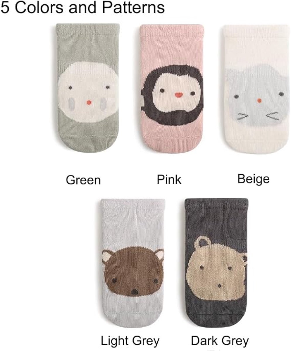 Sanorum peuter-antislipsokken, schattige baby kousenbandbanden grijpbootsokken, set van 5
