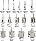 Set diamantboren met afmetingen in inches en millimeters, zilverkleurig metaal.