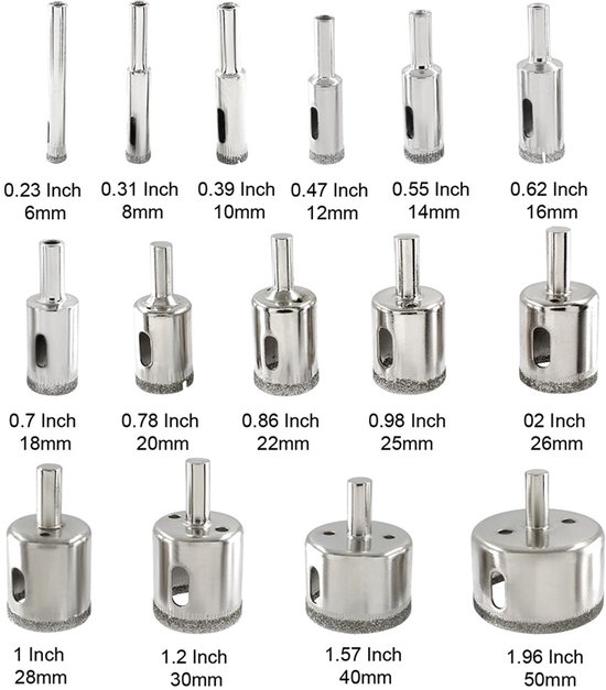 Set diamantboren met afmetingen in inches en millimeters, zilverkleurig metaal.
