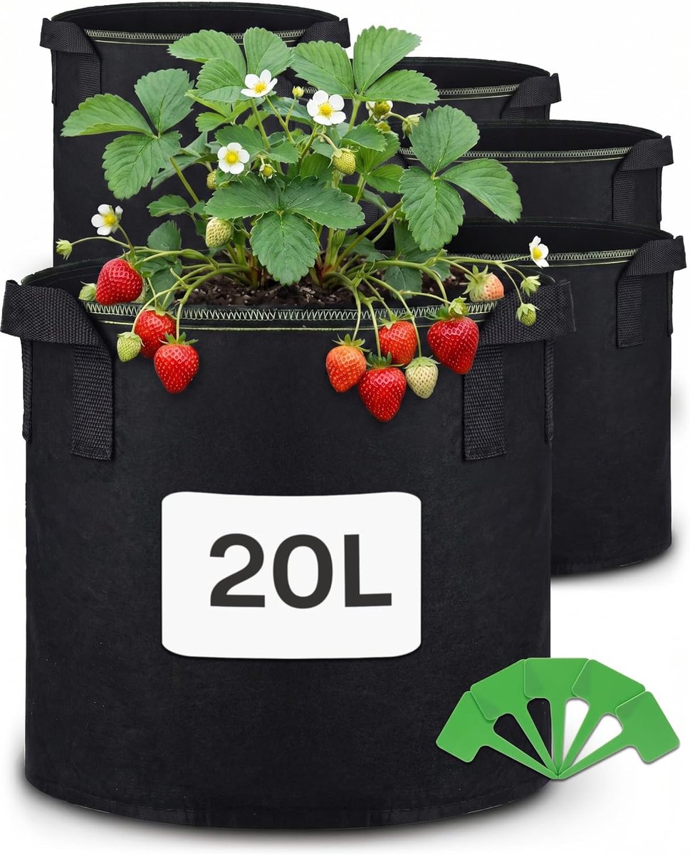 SnelShoppen - Plant Bags with Handle 20L - 5 Tuin Planttassen met Handvat en Label - Voor Kruiden, Bloemen en Aardbeien