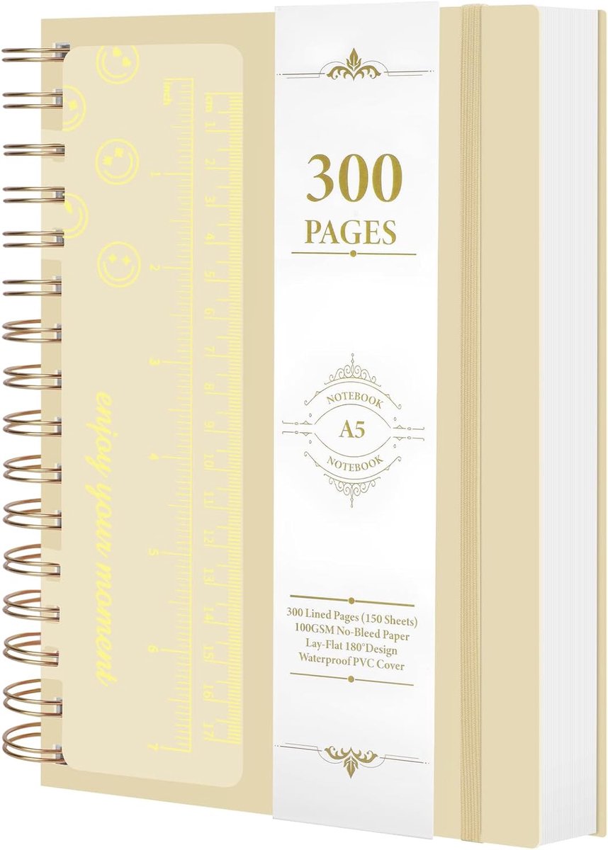 SnelShoppen - A5 Spiral Notebooks 300 Pagina's Hardcover Notitieboek met Stickers, 100gsm Gelijnd Papier, Elastieken voor Schrijven, Studeren en Werke