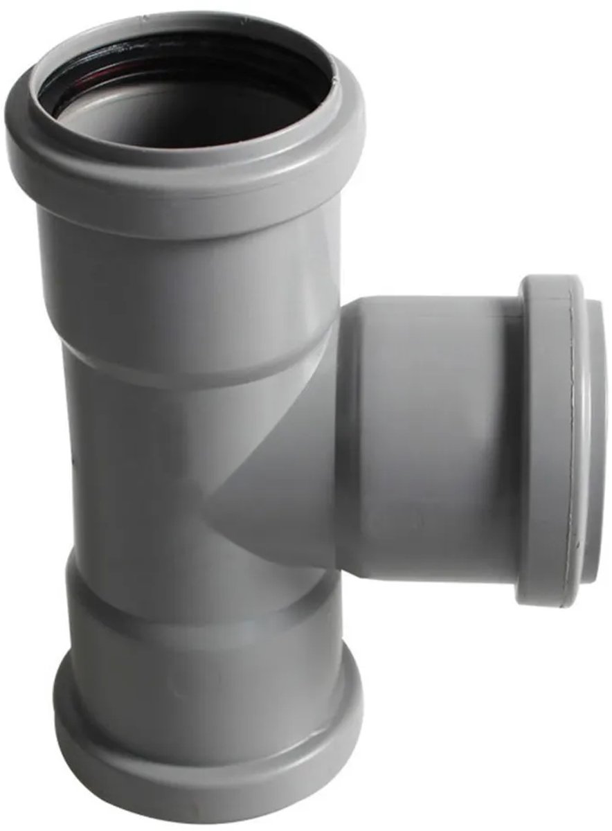 DN50 buisfitting met dubbele bocht van 87°, 50 mm, Geschikt voor drainage en rioolwaterzuivering – met afdichting, T-stuk, grijs, robuust en duurzaam.
