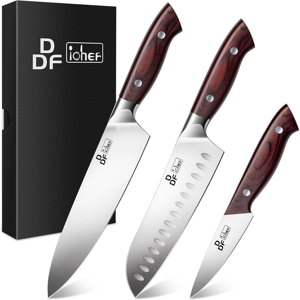 SnelShoppen - Professionele Keuken Messenset 3-delig - Ultra Scherpe Chef's Mes, Santoku Mes en Schilmes - Roestvrij staal - Perfect voor Koken en Ber