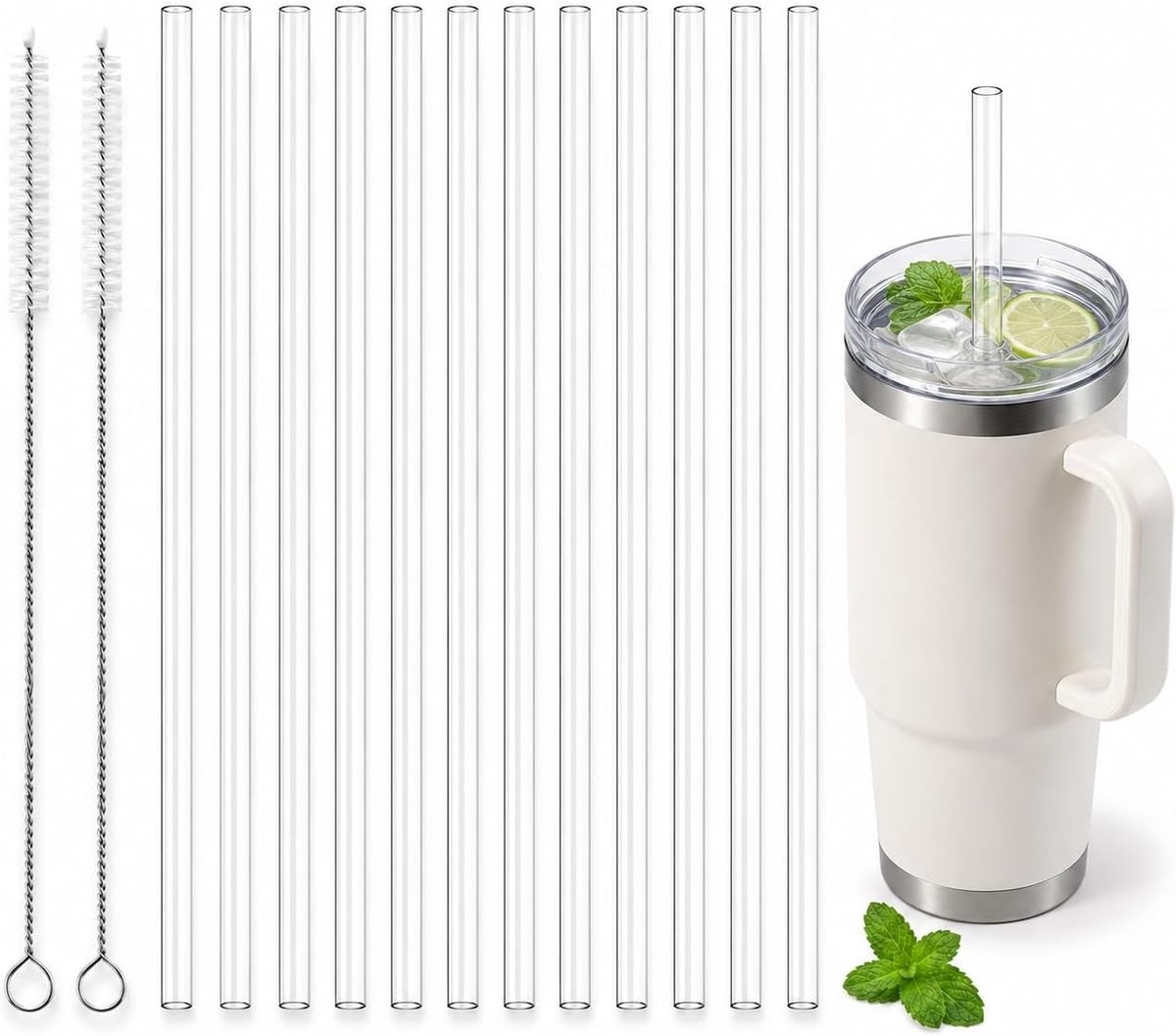 SnelShoppen - Pack van 12 herbruikbare glazen rietjes, lange Tritan rietjes met schoonmaakborstel, ideaal voor 30/40 oz bekers, perfect voor smoothies
