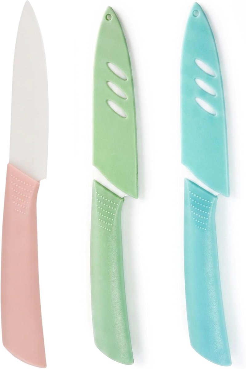 SnelShoppen - 3-delige keramische messenset - 4-inch schaalmes en fruitmes met beschermende hoesjes - Ergonomische greep - BPA-vrij - Lichtgewicht - B