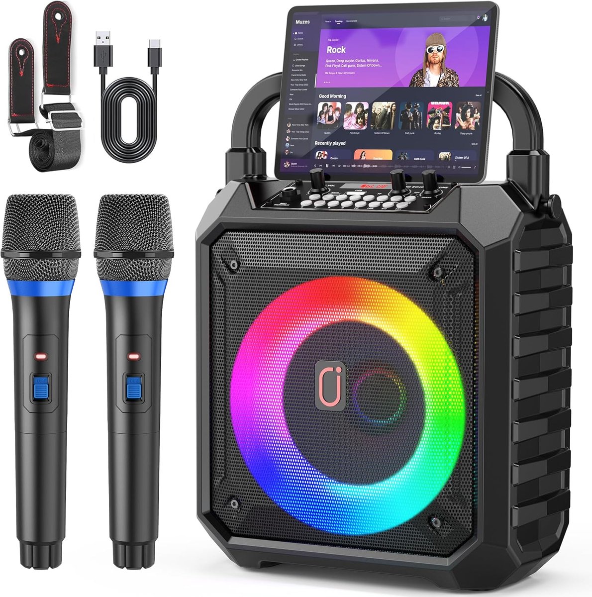 SnelShoppen - Karaoke Machine met 2 Draadloze Microfoons, Draagbare Bluetooth Karaoke Speaker voor Feesten, Kinderen en Volwassenen, PA Systeem met TF