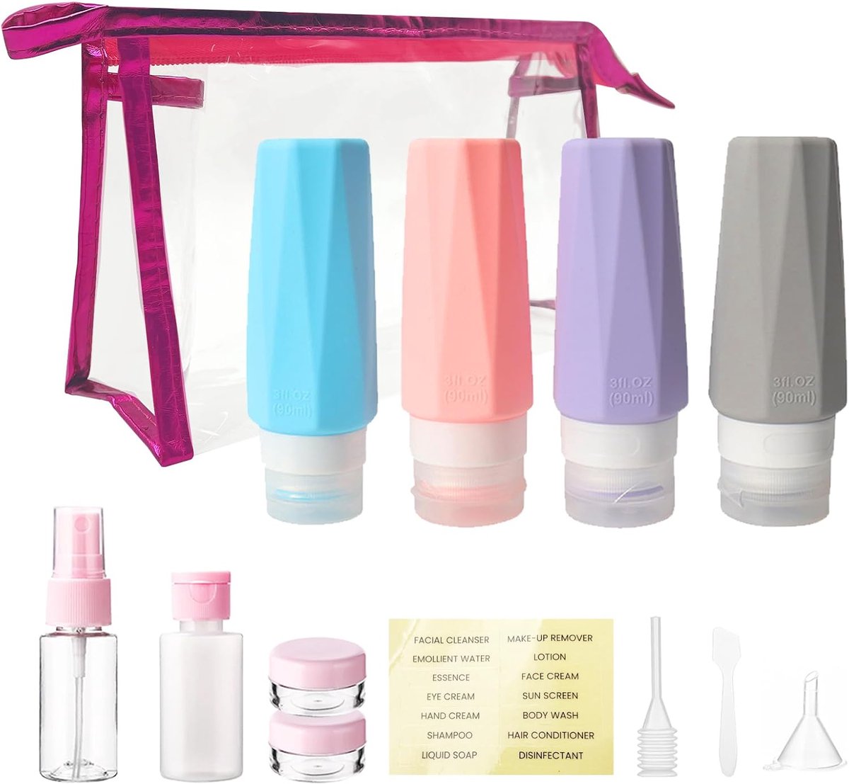 SnelShoppen - 14-delige Reisflessen Set met Atomizer Geurflacon, 90ml Lekvrije Siliconen Reistubes voor Toiletten, Lotion, Shampoo en Verzorging