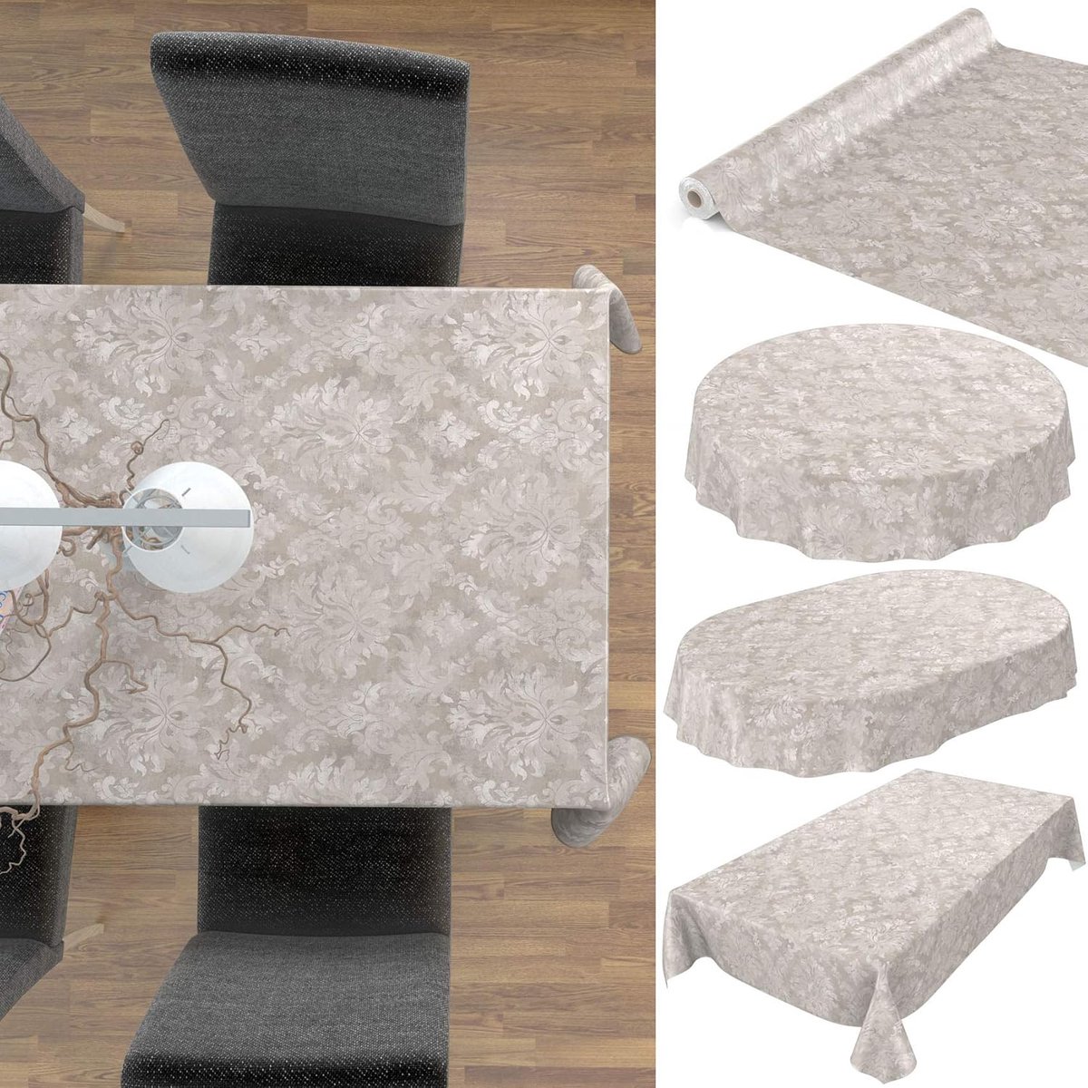 SnelShoppen - Wasbare Tafelkleed, Tuin Tafelkleed, Rond Oval Rectangular, Barok Boom Motief, Lichtgrijs Beige, 240 x 140 cm, Binnen en Buiten Gebruik