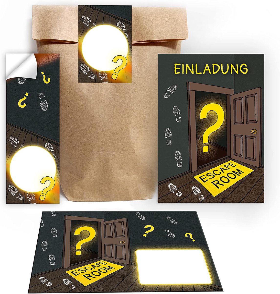 SnelShoppen - 12 Uitnodigingen Kinderfeestje - Escape Room Thema - Inclusief 12 Enveloppen, 12 Nature Gift Bags, 12 Stickers - Perfect voor Verjaardag