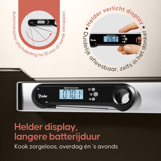 Zwarte digitale thermometer met een helder display dat 070.1 graden toont, geplaatst in een metalen rek.