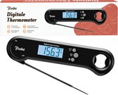 Zwarte digitale thermometer met een openklapbare naald en een blauw display dat 156.3 graden toont.