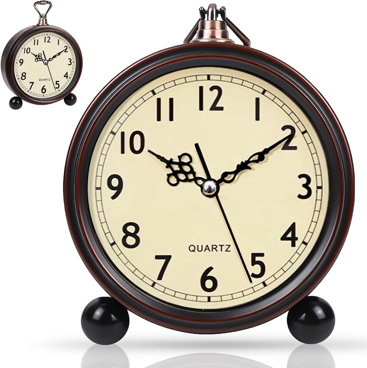 SnelShoppen - Retro Analoge Wekker zonder Tikken - Metalen Nachtlampje voor Slaapkamer, Kantoor, Antiek Ontwerp, Quartz Mechanisme, Arabische Cijfers