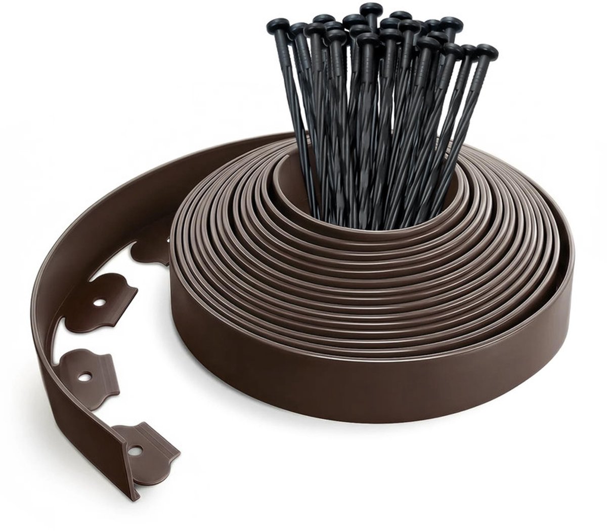 10 meter lange plastic tuinrandstrook met 30 ankerpalen, flexibele gazonrandstrook, stevige paalkoppen, tuinrandafwerking, 50 mm hoog, 4 mm dik, bruin.