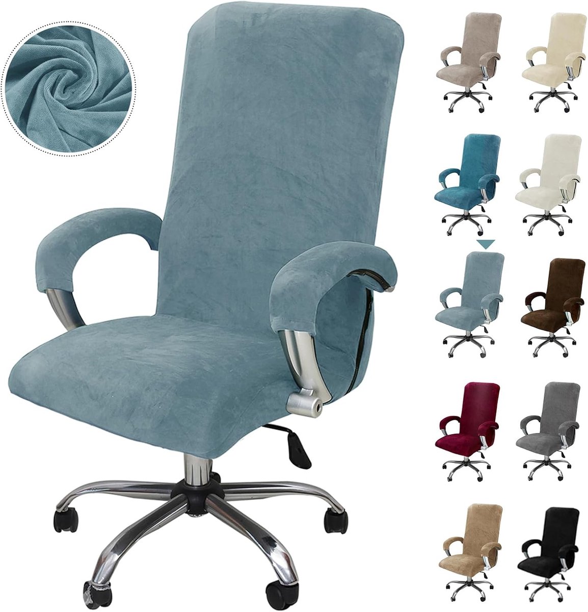 SnelShoppen - Velvet Bureau Cover met Armsteun, Rekbare Gaming Stoel Hoes voor Kantoorstoel, Computerstoel, Draaisteel, Grijs Blauw XL