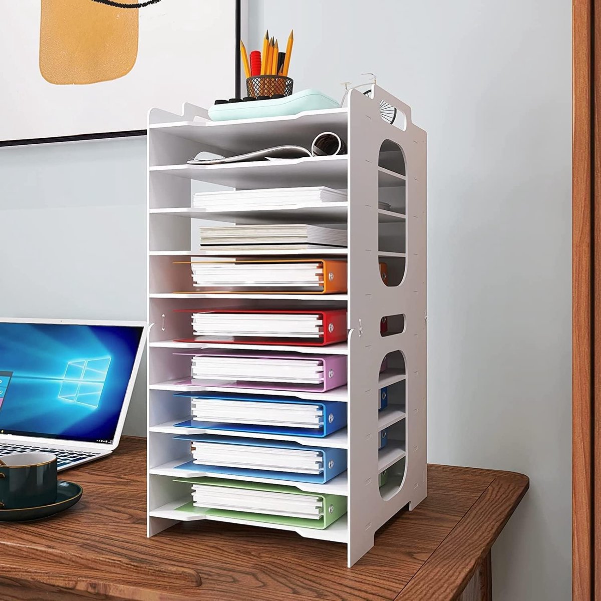 SnelShoppen - Documenthouder A4, Letter Tray met 10 Opbergcompartimenten, PVC, Bureau Organiser, Papieren Opbergtrommel, Documentenhouder voor Kantoor