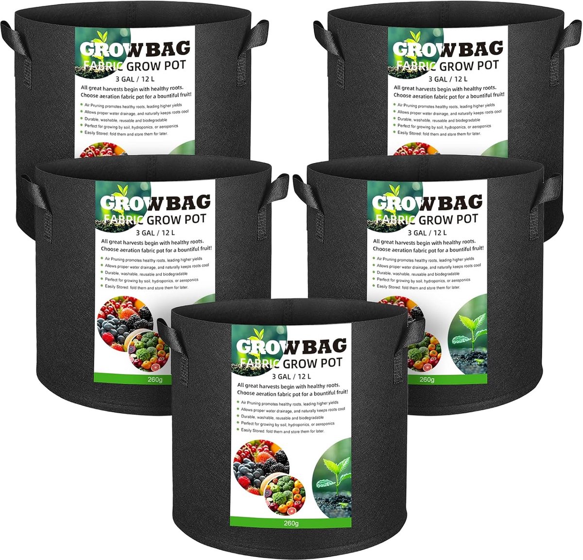 SnelShoppen - Plant Bag 5 Stuks, 45 Liter, Ademend Non-Woven Plant Pot met Handvatten voor Aardappelen, Tomaten en Aardbeien (11 Liter)