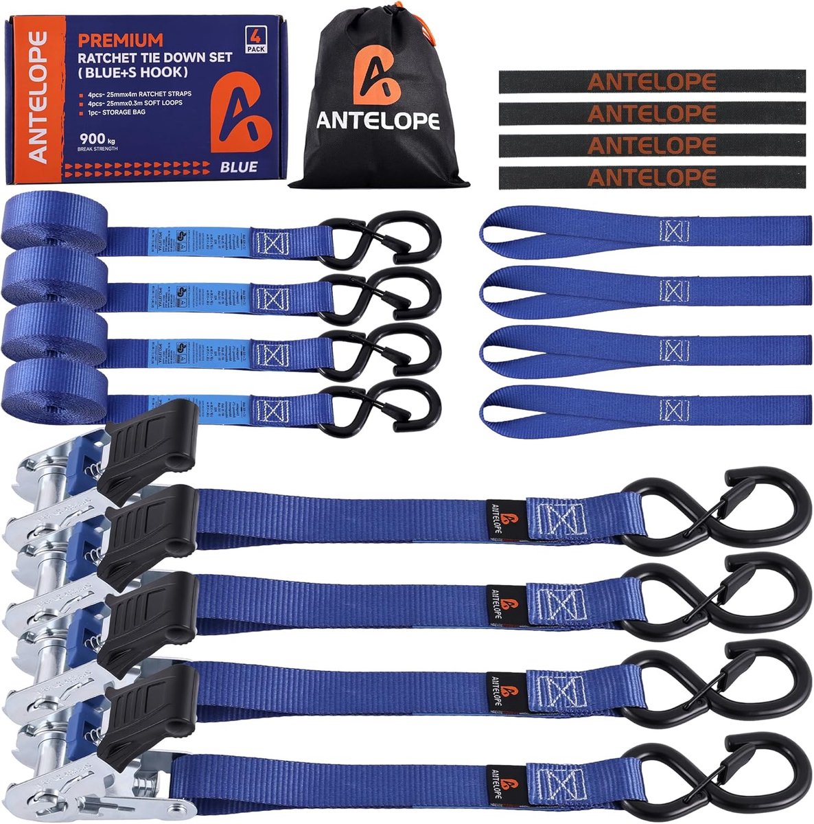 SnelShoppen - 4 Stuks Ratchet Lashing Straps 25 mm x 4 m, Blauw, Met Haak, 900 kg Breeksterkte, Ideaal voor Motorfietsen, Verhuizingen en Transport va