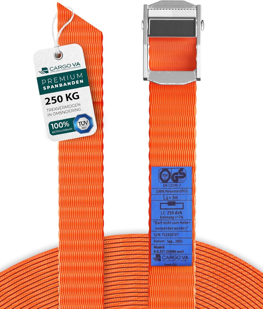 SnelShoppen - Cargo VA Ratchet Strap Set van 6, 25 mm x 2 m, Breeksterkte 250 kg, Oranjeratchetband voor Bevestigen, Vervoer, Camping en Tuin