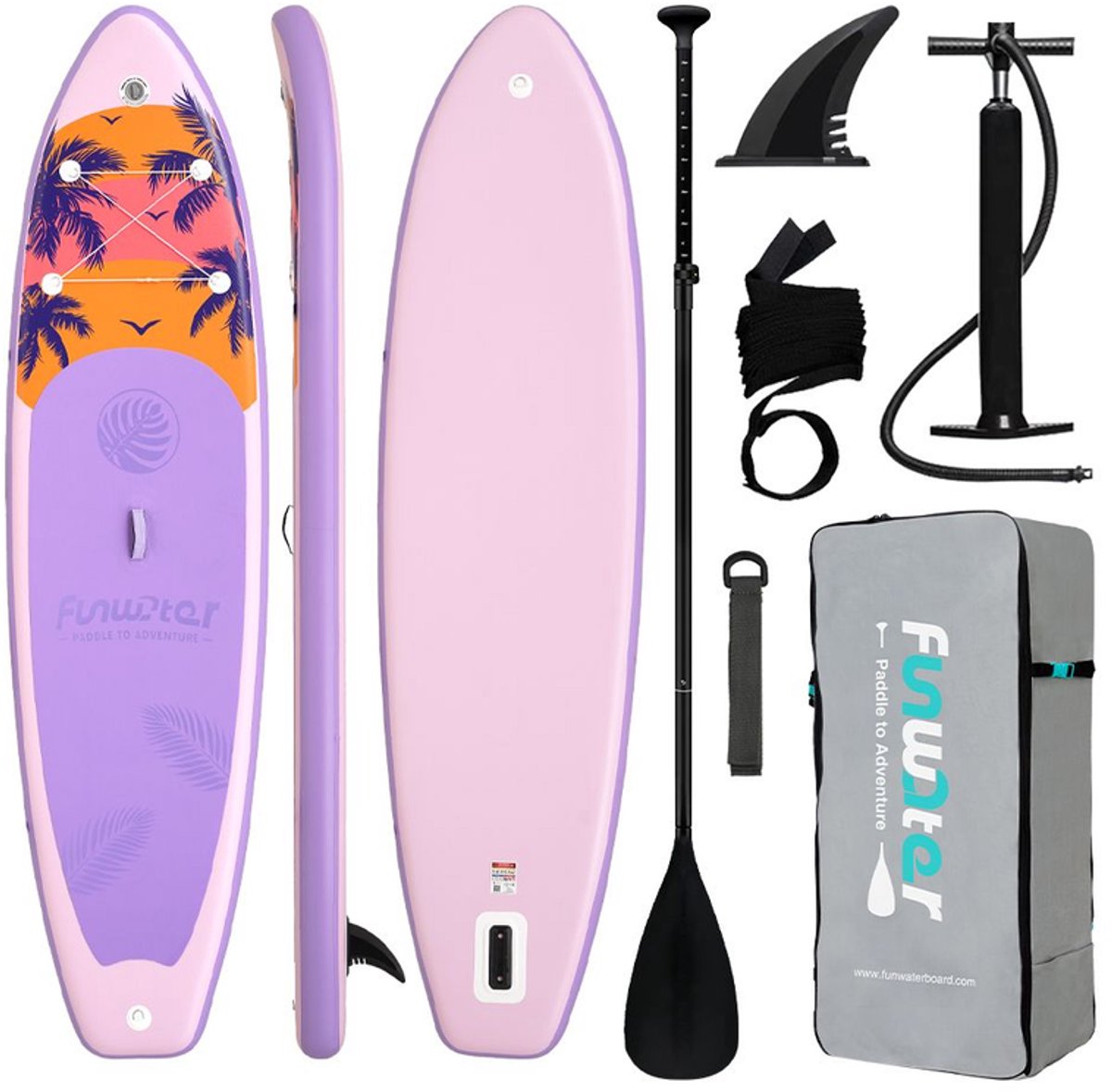 FunWater Stand Up Paddle Board 335x84x15 cm - Opblaasbaar paddleboard voor volwassenen en beginners - Compleet SUP pakket - Max.120 KG - Lila-roze