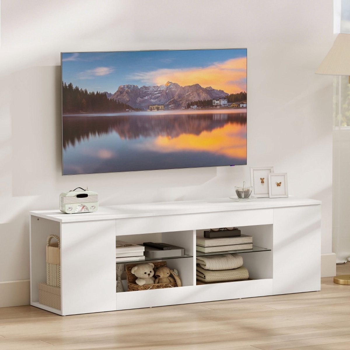 Pugsdrly TV-meubel van 140 cm, tv-kast, 6 vakken, 2 glazen planken, spaanplaat, wit