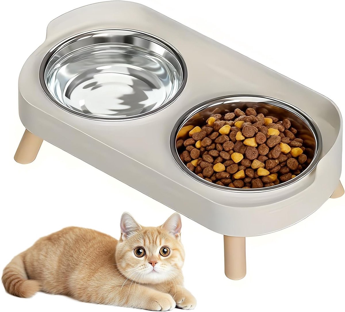Stainless Steel Kattenvoerbak Set - Verhoogde Dubbele Voederbak met Antislip en Spatbescherming, Ideaal voor Voeding en Water voor Katten