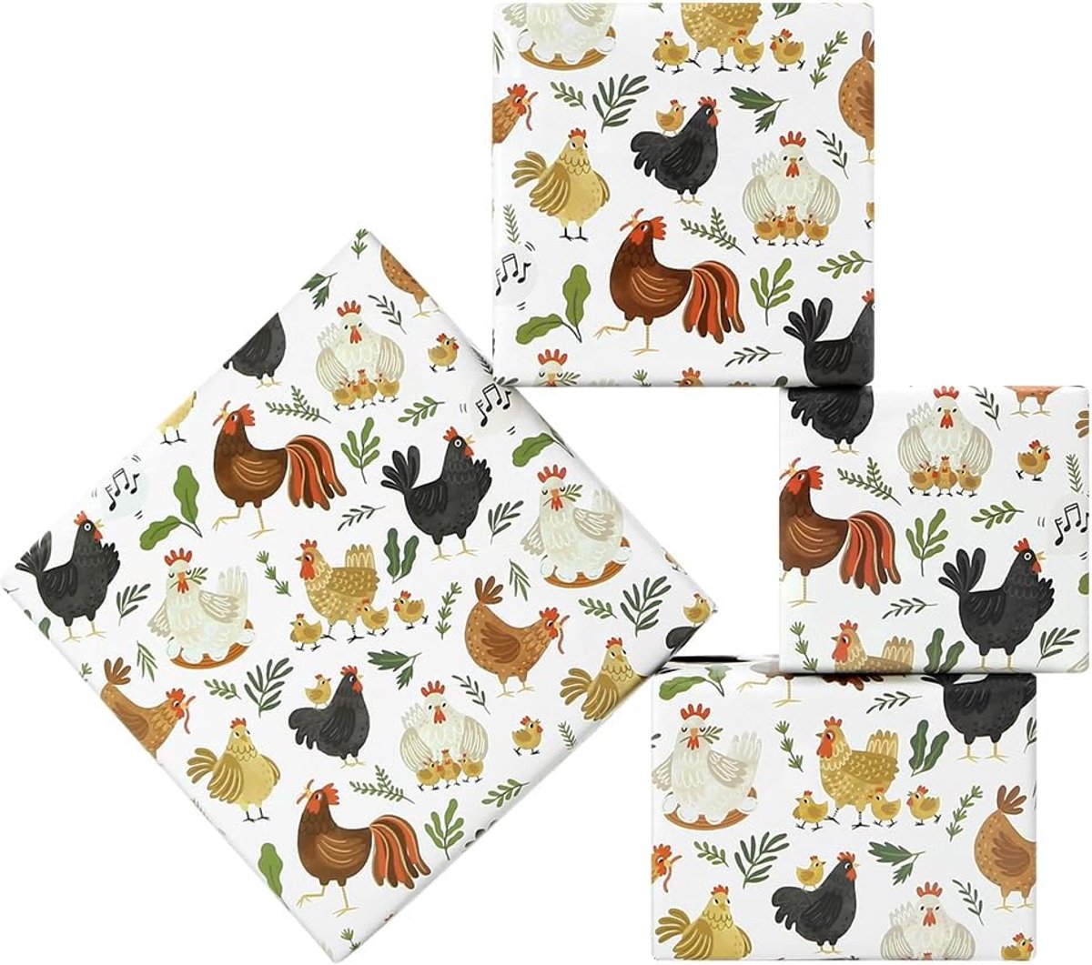 SnelShoppen - Boerderij Dier Cadeaupapier voor Kinderen - Schattige Haan en Kippen Ontwerp - 4 Vellen van 50x70 cm - Perfect voor Verjaardag en Babysh