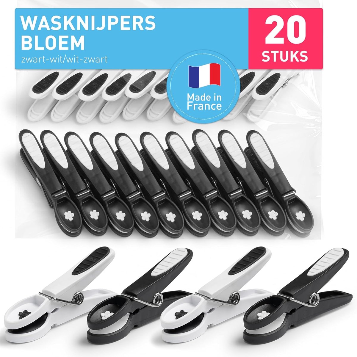 SnelShoppen - Extra Sterke Wasknijpers Bloem, 20 Stuks, Zwart-Wit/Wit-Zwart | UV- en Weerbestendig, Soft Grip, Geschikt voor Binnen en Buiten, Perfect