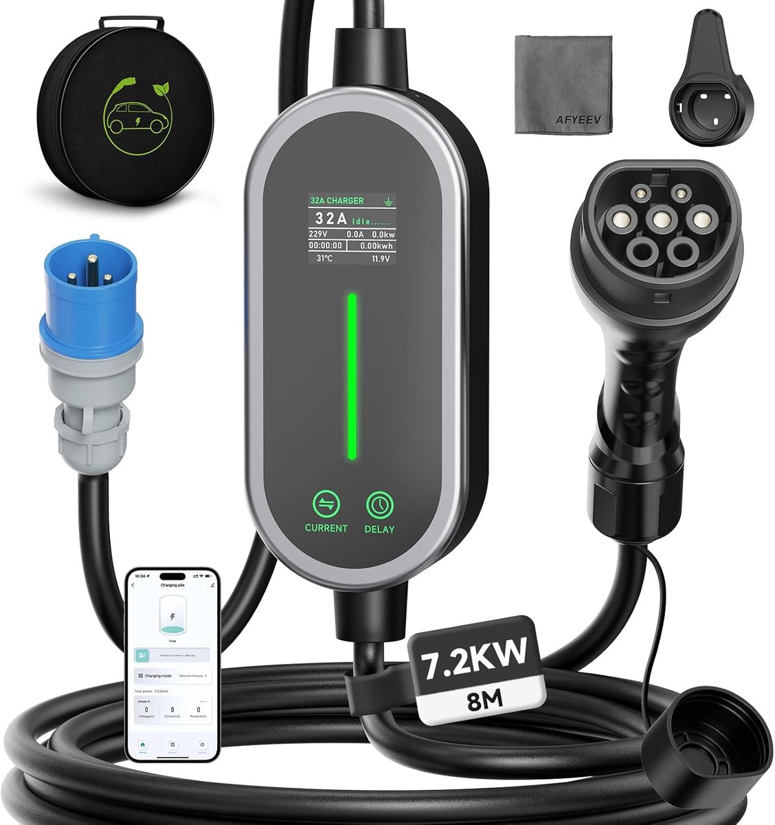 SnelShoppen - Type 2 Oplaadsnoer met App, 7.2kW Mobiele Wallbox 1-Fase/6-32A/8m Schuko Oplaadsnoer Draagbaar voor Elektrische Auto, EV PHEV, IP65