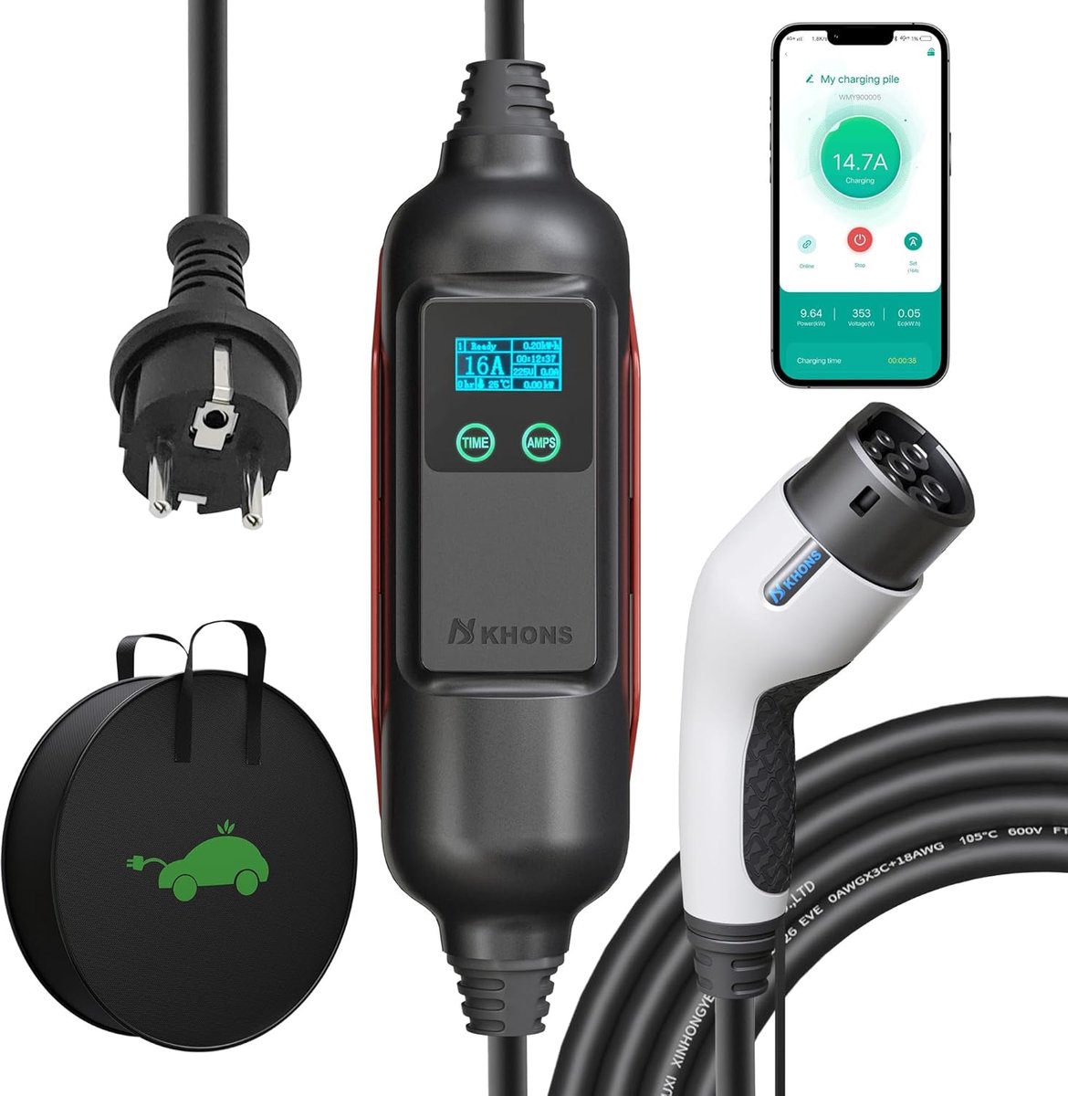 SnelShoppen - Elektrische Auto Oplaadpunt 3.7 kW / 16 A Fase met Instelbare Laadcapaciteit App Wandlaadstation EV Oplader Type 2 Laadkabel voor Elektr