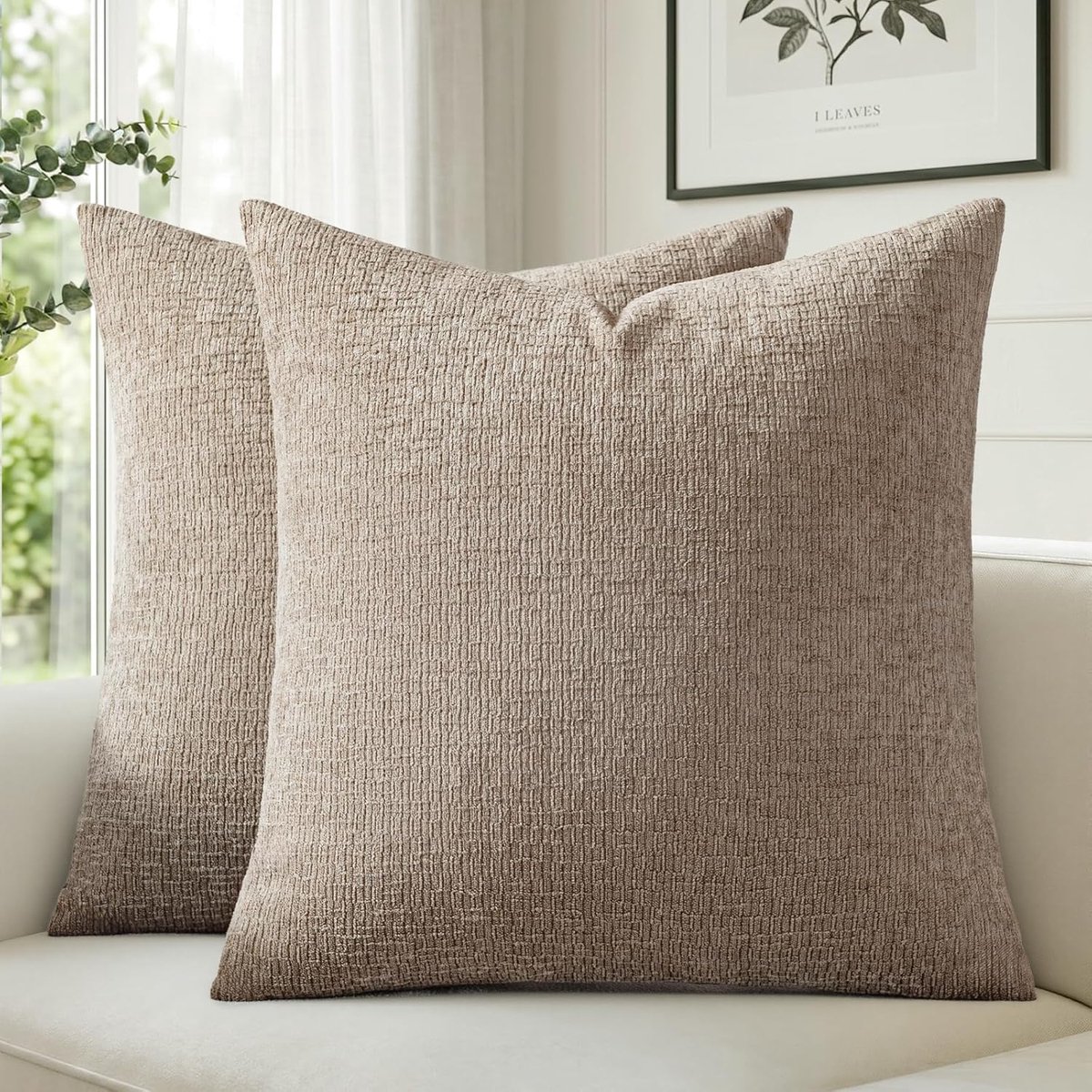 SnelShoppen - Chenille Kussenhoezen 40x40 cm Lichtbruin 2 Stuks | Decoratieve Kussenhoezen voor Bank en Slaapkamer, Zachte Chenille met Verborgen Rits
