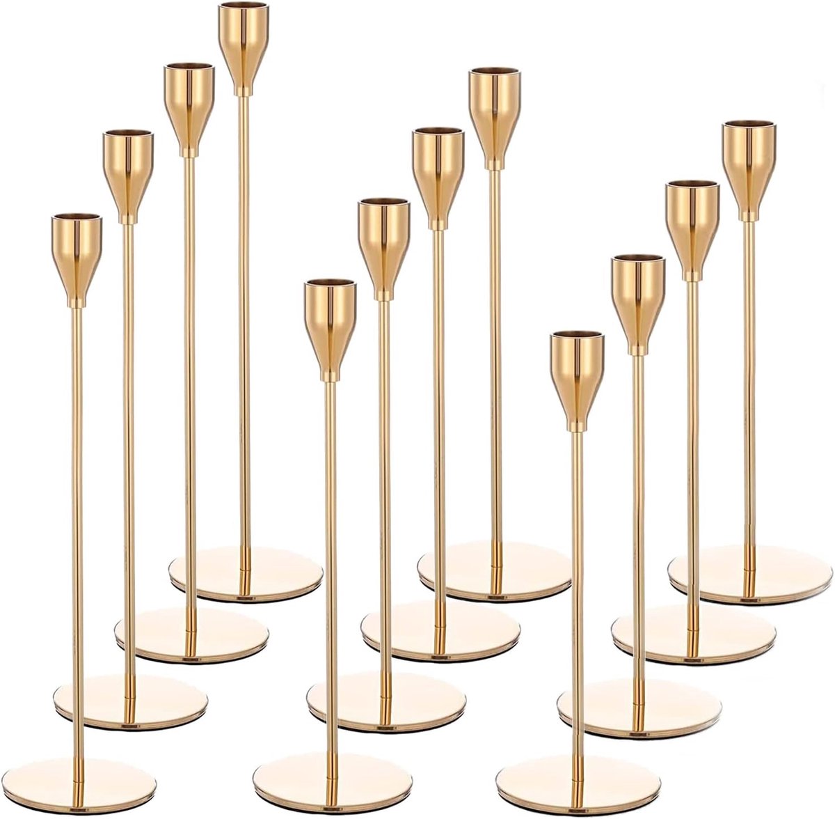 SnelShoppen - Set van 12 Gouden Kaarsenhouders, Hoogwaardige Metaal Tapered Candle Holders voor Feest, Bruiloft, Thuisdecoratie, Candlelight Dinner -