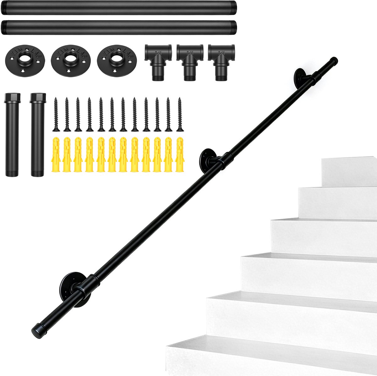 Trapleuning 150 cm - Lemlit Muurleuning, Handrail en Veiligheidsbeugel van Metaal voor Trap, Hal, Badkamer, Tuin en Binnen/Buiten - Zwart