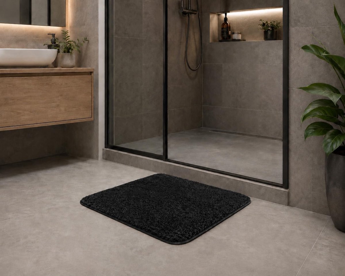 SnelShoppen - Badmat 50 x 50 cm, Chenille Vloerkleed voor Badkamer, Douchematt, Zwart, Antislip, Zacht Polyester, Ideaal voor Thuisgebruik
