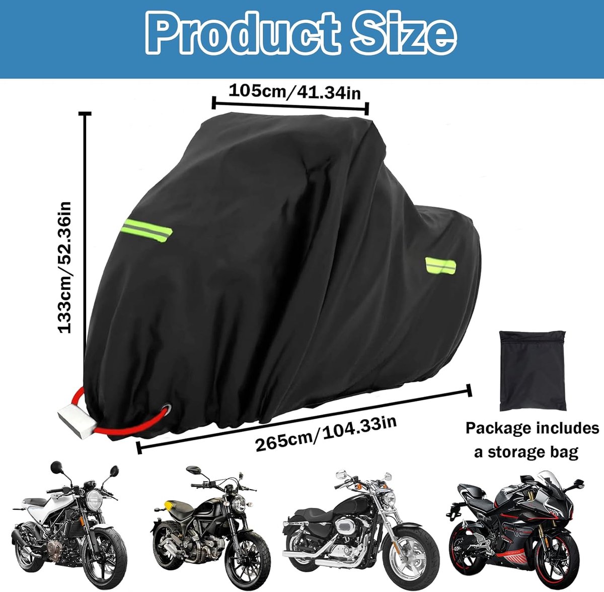 SnelShoppen - Motorfiets Cover XXXL - Waterdichte Motor Tarpaulin 420D Oxford - Beschermhoes voor Motor en Scooter - 265 x 105 x 133 cm - Robuust en W – foto 3