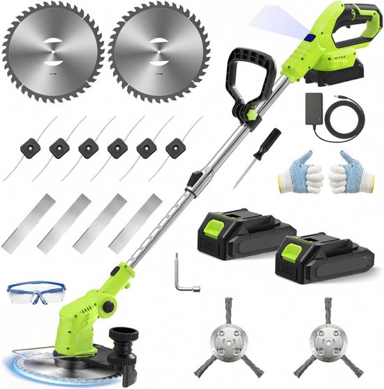 Set grastrimmer accessoires: grastrimmer, twee zaagbladen, mesjes, draad, batterijen, oplader, handschoenen en veiligheidsbril.