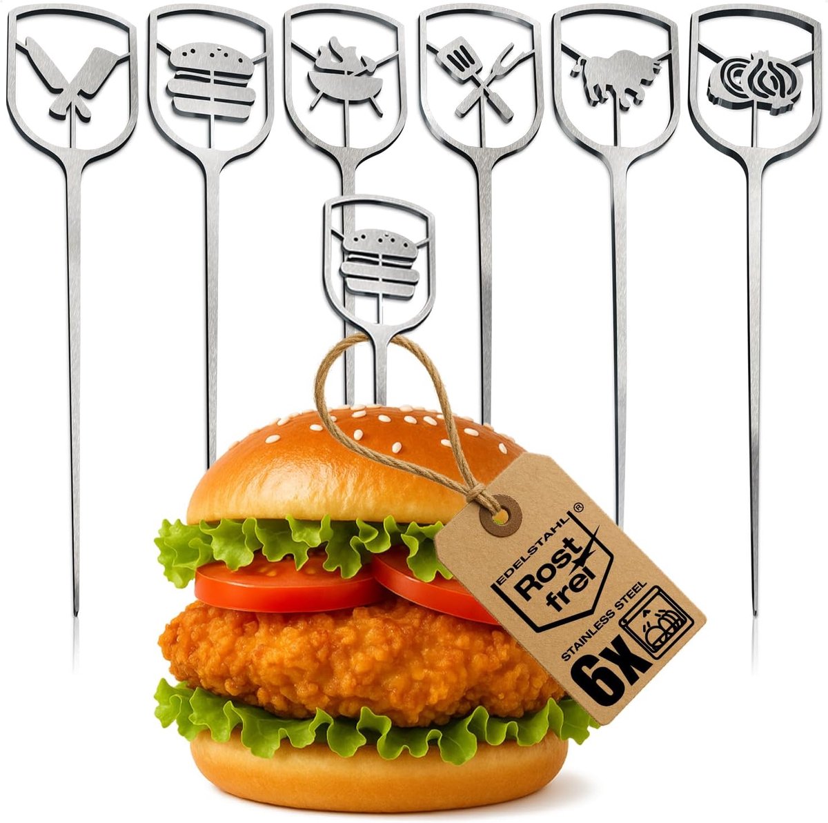 SnelShoppen - 6 RVS Burger Spiesen 16 cm, Metalen Prikkers met Brede Handgreep, Grill Accessoire voor Feest, Tuin en Barbecue