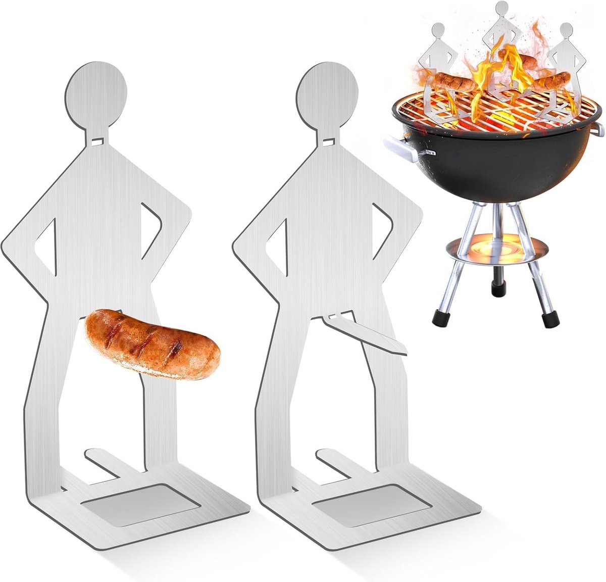 SnelShoppen - 2 Stuks Grillworsthouders Roestvrij Staal - Creatieve Staande Man Worst Grillstandaard - Grillaccessoires voor Gasbarbecue, Camping, Tui