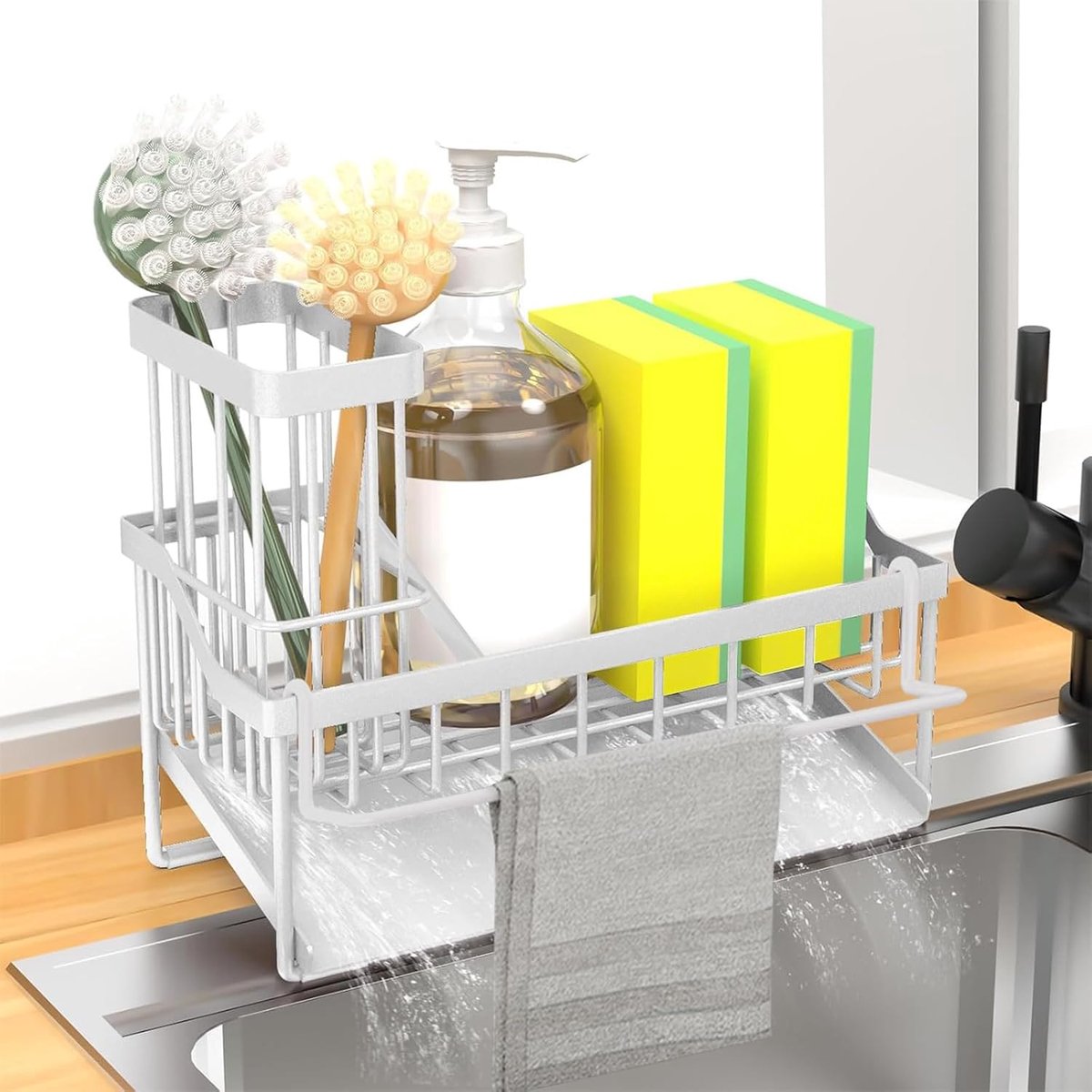 SnelShoppen - Gutter Holder Keuken - Sponshouder en Organizer voor de Gootsteen met Doekhouder, Borstelhouder en Automatisch Afvoersysteem - Voor Aanr