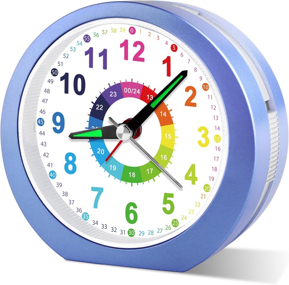 SnelShoppen - Kinderen Analoge Wekker, Stil Niet-Tikkende Wekker met Nachtlampje, Snooze Functie, 12/24 Uurs, Batterij Aangedreven, Blauw, Geschikt vo