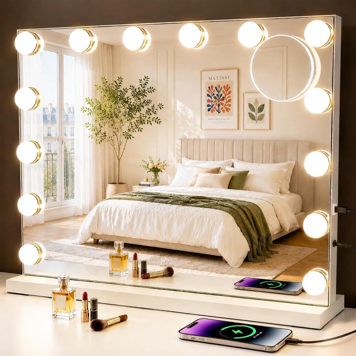 SnelShoppen - Hollywood Spiegel Make-up Mirror met 14 LED Lichten - Grote Dressing Table Spiegel met Verstelbare Helderheid en 3 Kleurtemperaturen - U