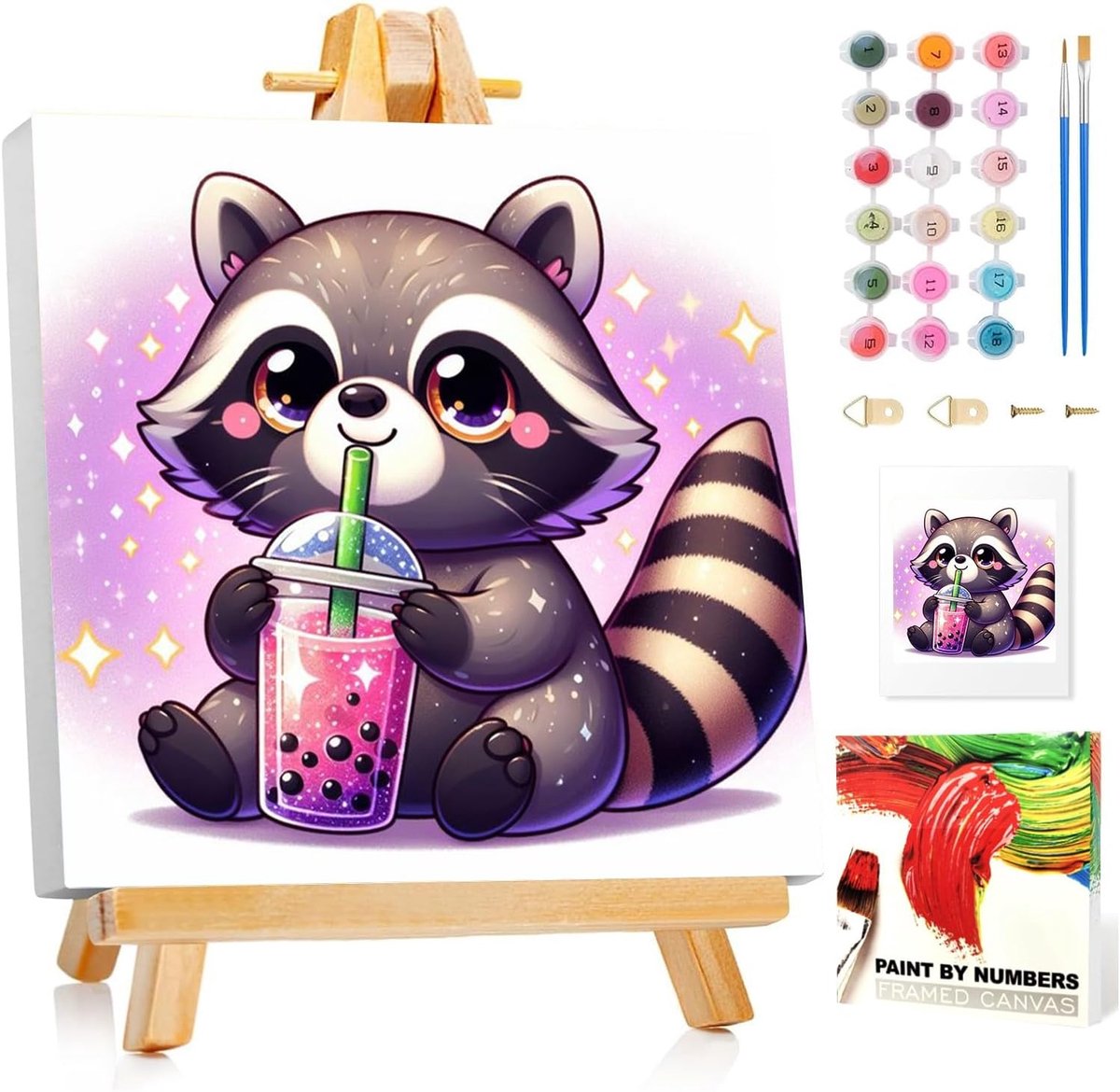 SnelShoppen - Raccoon Schilderen op Nummeren voor Kinderen met Lijst - Creatieve Activiteit voor Jongens en Meisjes van 5-10 Jaar - Inclusief Canvas,
