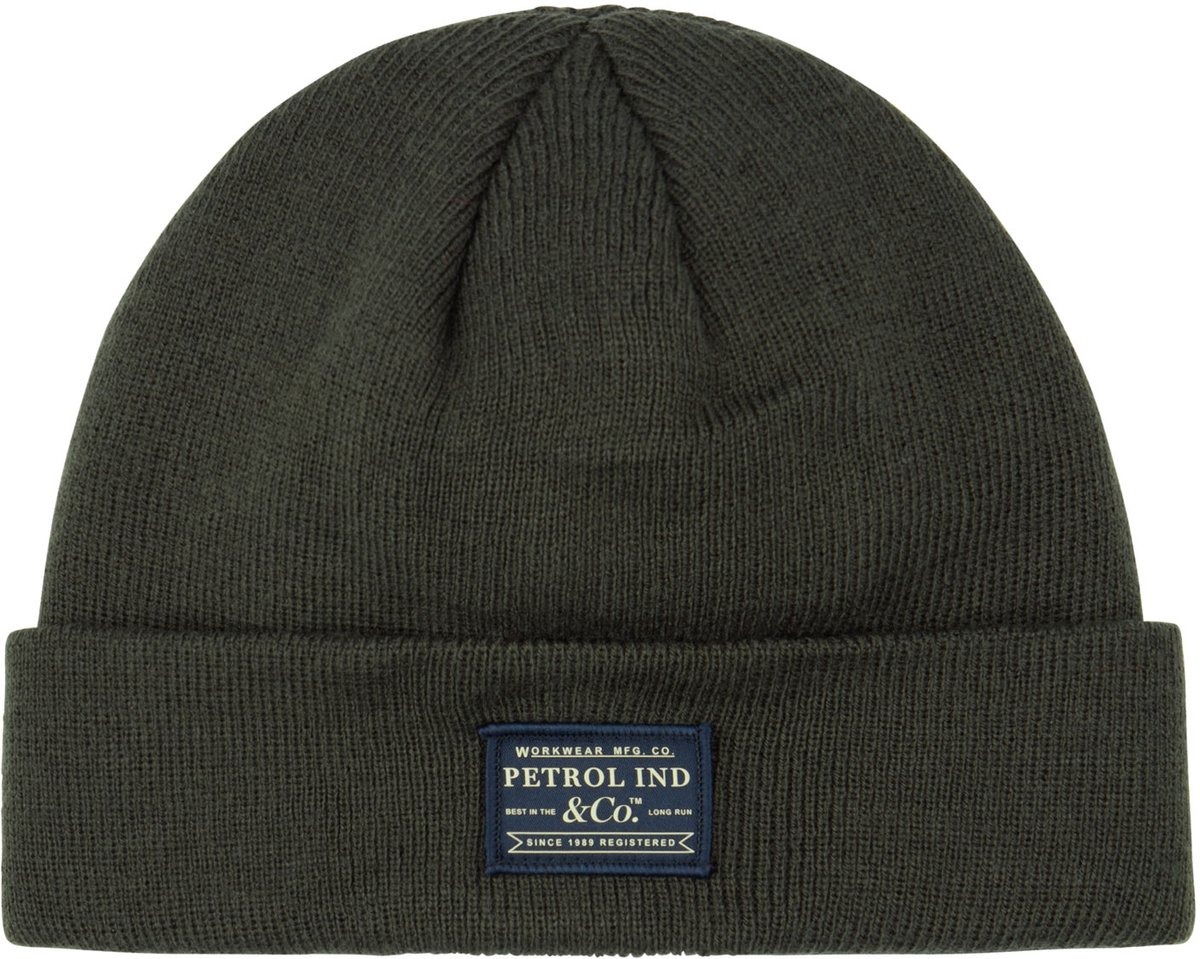 Petrol Industries - Heren Geribde beanie met patch irontrail - Groen - Maat OS