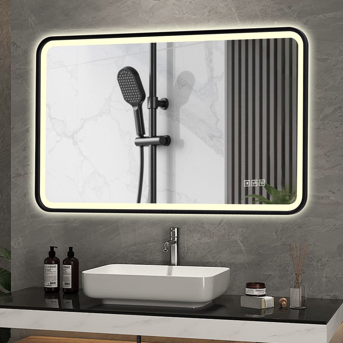 MIVRAY Badkamerspiegel – LED Verlichting En Anti Condens – 70 x 90 cm – Gehard Glas En Aluminium – Zwart – Wandmontage IP44