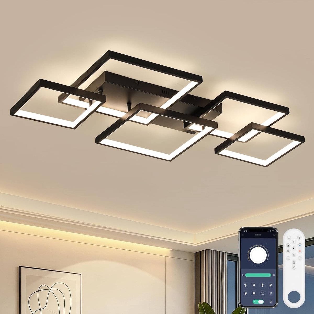 SnelShoppen - Dimbare LED Plafondlamp 65W met Afstandsbediening - Zwart, 3000K-6500K, 87cm - Perfect voor Woonkamer, Slaapkamer, Keuken en Kantoor