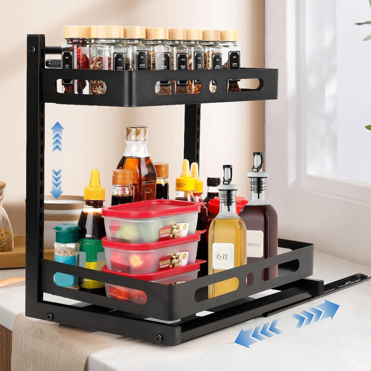 SnelShoppen - VINATO Keuken Organiser - 2 Niveaus - Uittrekbare Onderkast - Hoogte Verstelbaar - Space Saving Onder Sink - Badkamer/Dining Room - Zwar