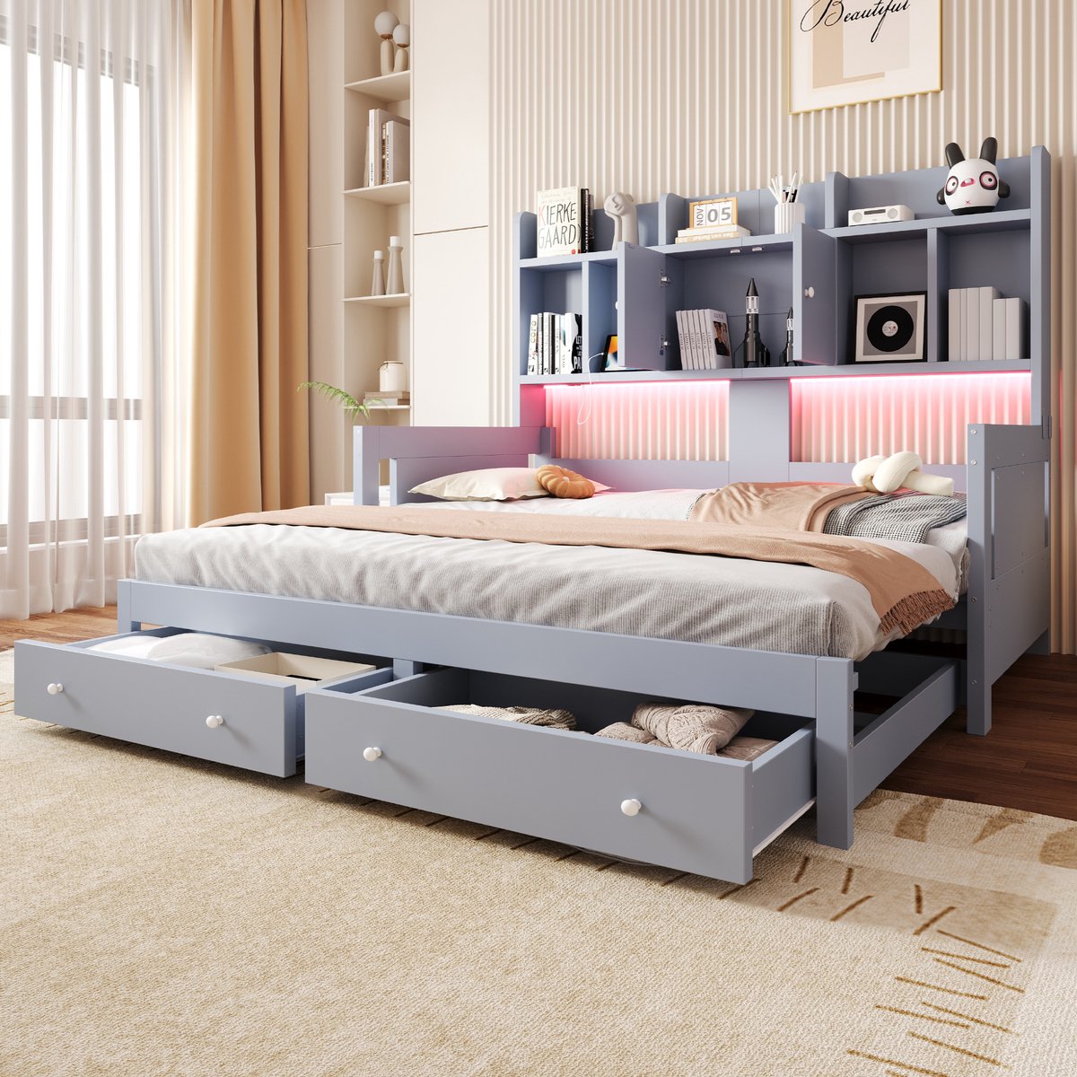Kinderbed 90 X 200 cm, Multifunctionele Uitschuifbare Houten Slaapbank Met Lades, Eenpersoonsbed, Multifunctioneel Bed, Planken, Kastjes En Open Vakken, Voorzien Van Stopcontacten En Ledverlichting, Logeerbed, Grijs