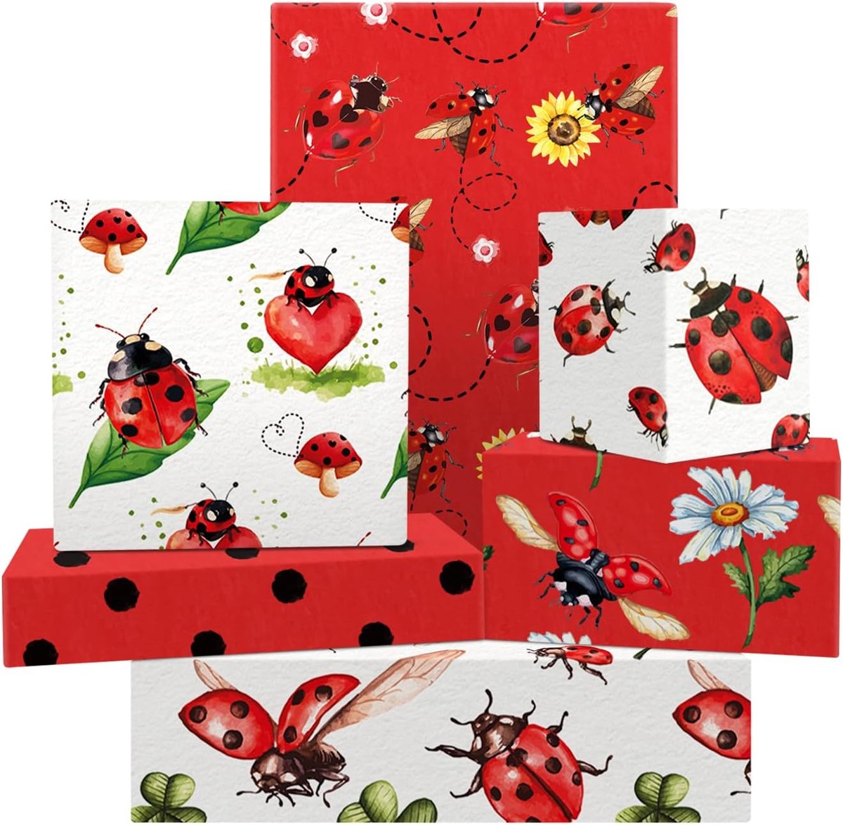 SnelShoppen - Ladybug Cadeaupapier Set - 6 Vellen - 6 Ontwerpen - Vrolijke Lieveheersbeestjes met Bloemenpatroon - Cadeauverpakking voor Verjaardagen