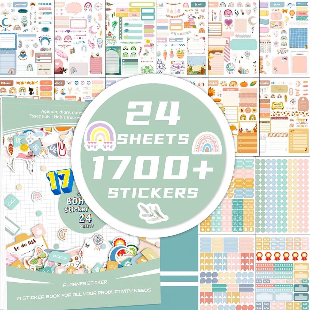 SnelShoppen - 1700+ Aesthetic Planner Stickers - Kleurige Zelfklevende Stickers voor Maandplanner, Scrapbooken, Journaling, Agenda Decoratie, 24 Velle