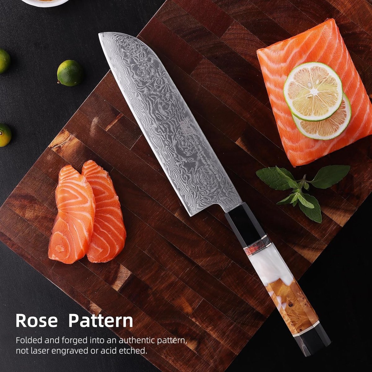 SnelShoppen - Santoku Koksmes 17,5 cm - Damast Staal Japanse Keukenmes Zwart-Roze - Precisie Snijden voor Vlees en Groenten